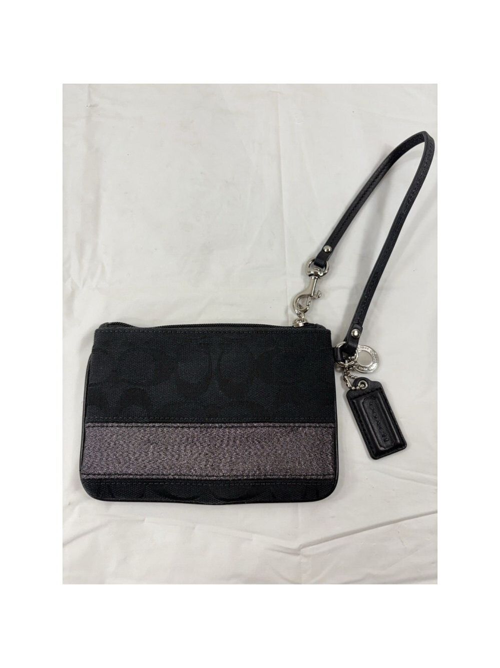 COACH F41637 Signature Wristlet Jacquard & Leather Shimmer Stripe Black